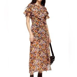 Topshop Ruffled Floral Midi Dress 6 Slit Leg Sheer Chiffon Casual Summer Modest